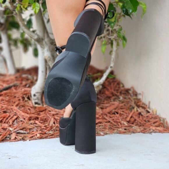Womens Satin Platform Chunky Lace Up Heels Black Color - Picture 7 of 7